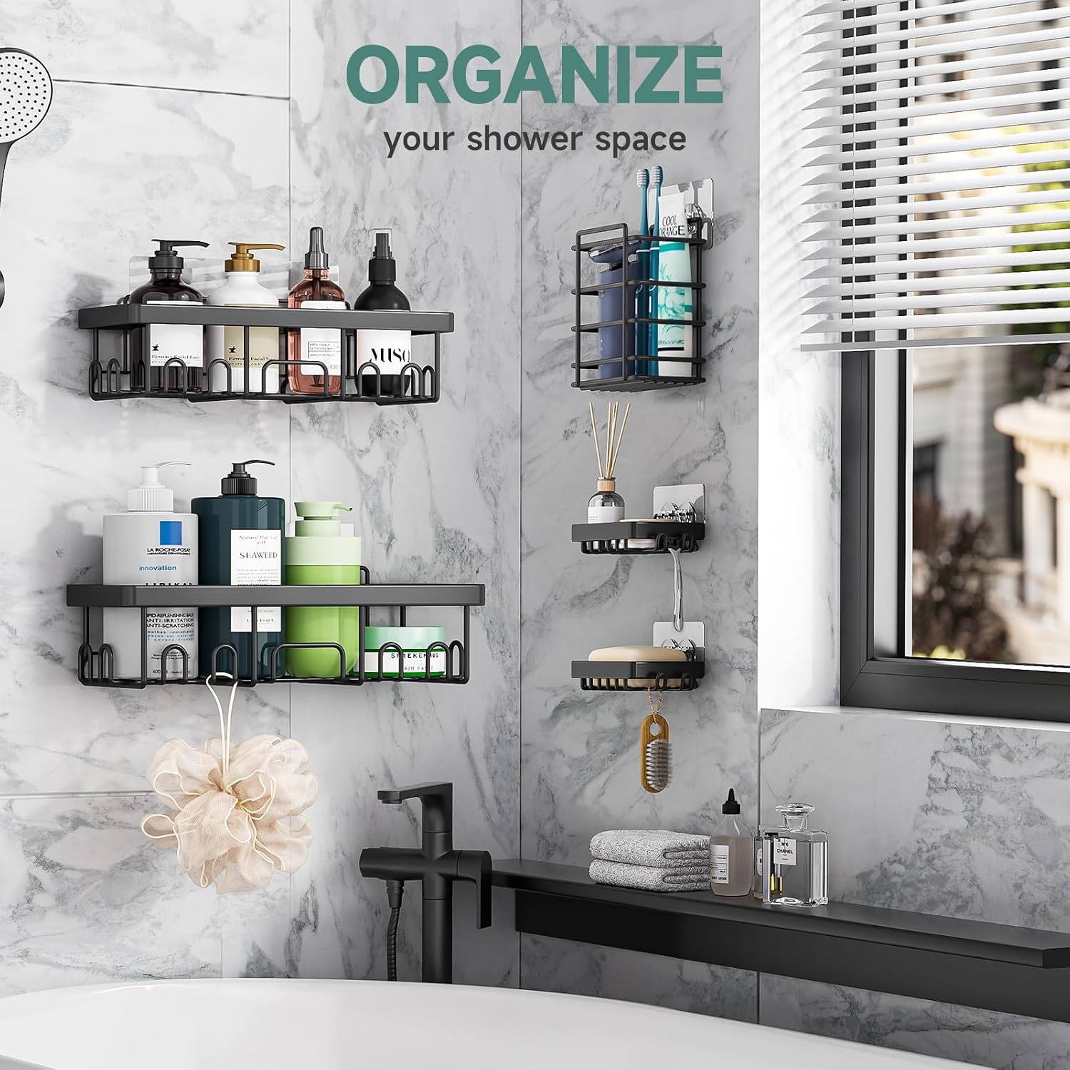 image:imageVeken Shower Caddy 5Pack Bathroom Organizers and Storage Shelves BlackBlack