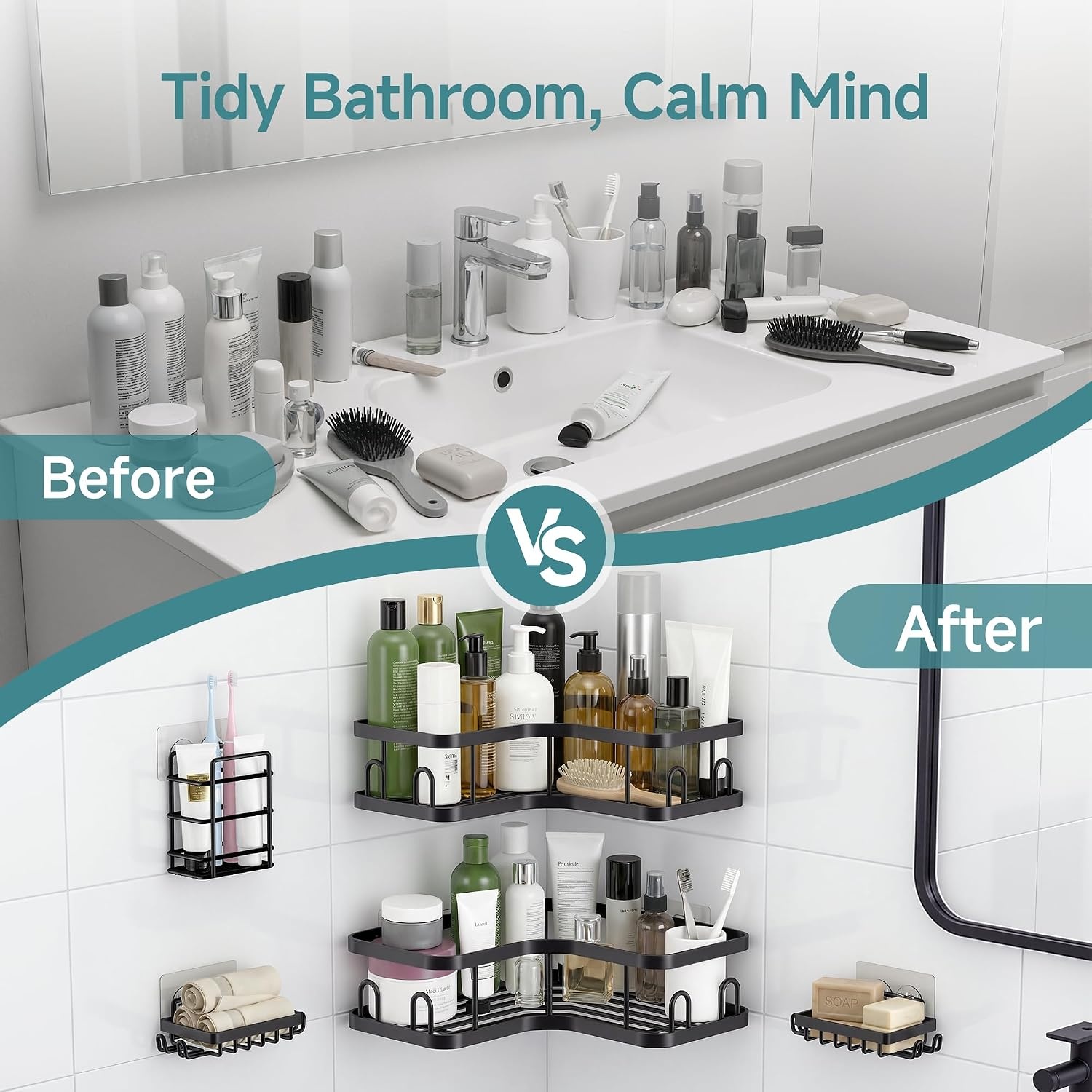image:imageVeken Shower Caddy 5Pack Bathroom Organizers and Storage Shelves BlackBlack