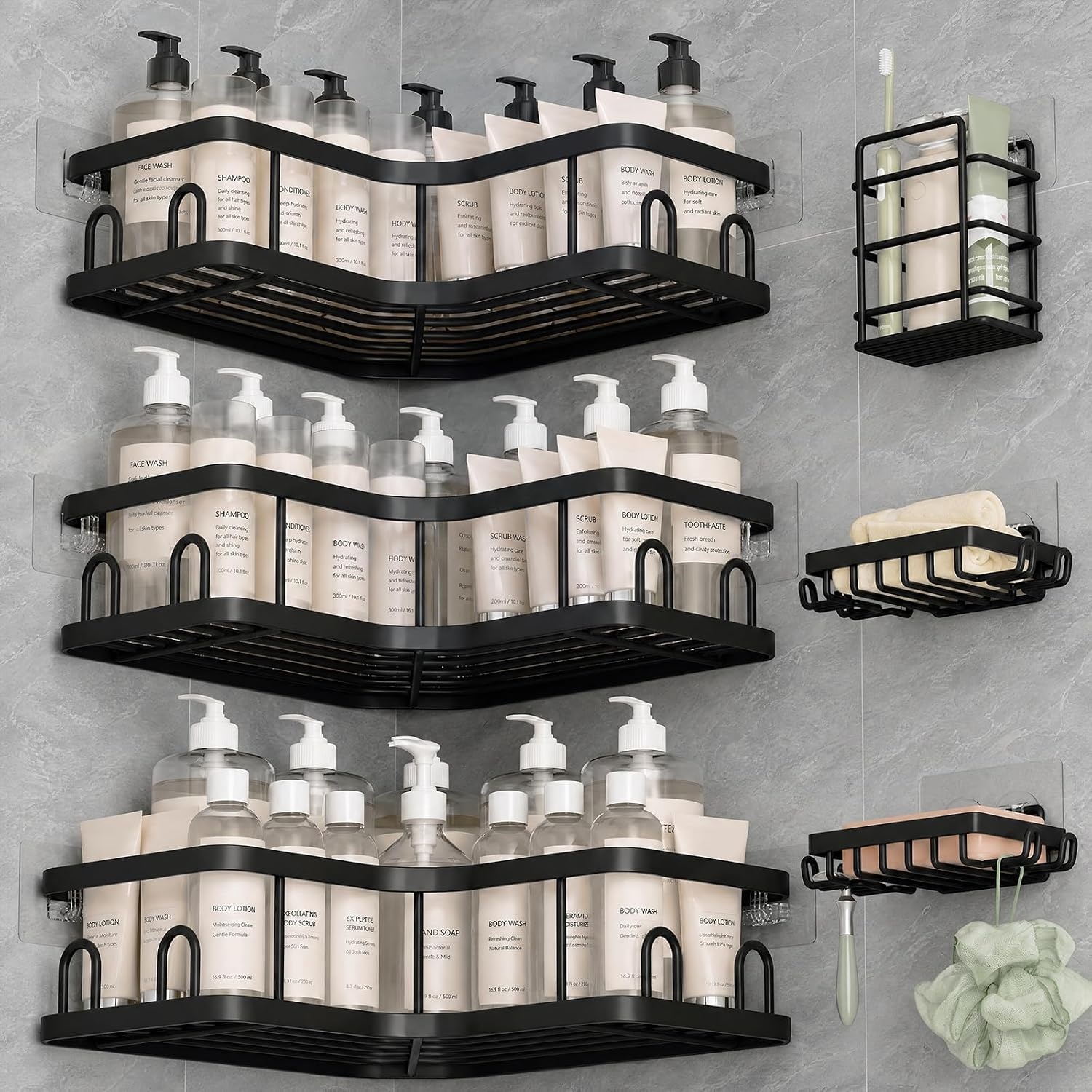 image:imageVeken Shower Caddy 5Pack Bathroom Organizers and Storage Shelves BlackBlack