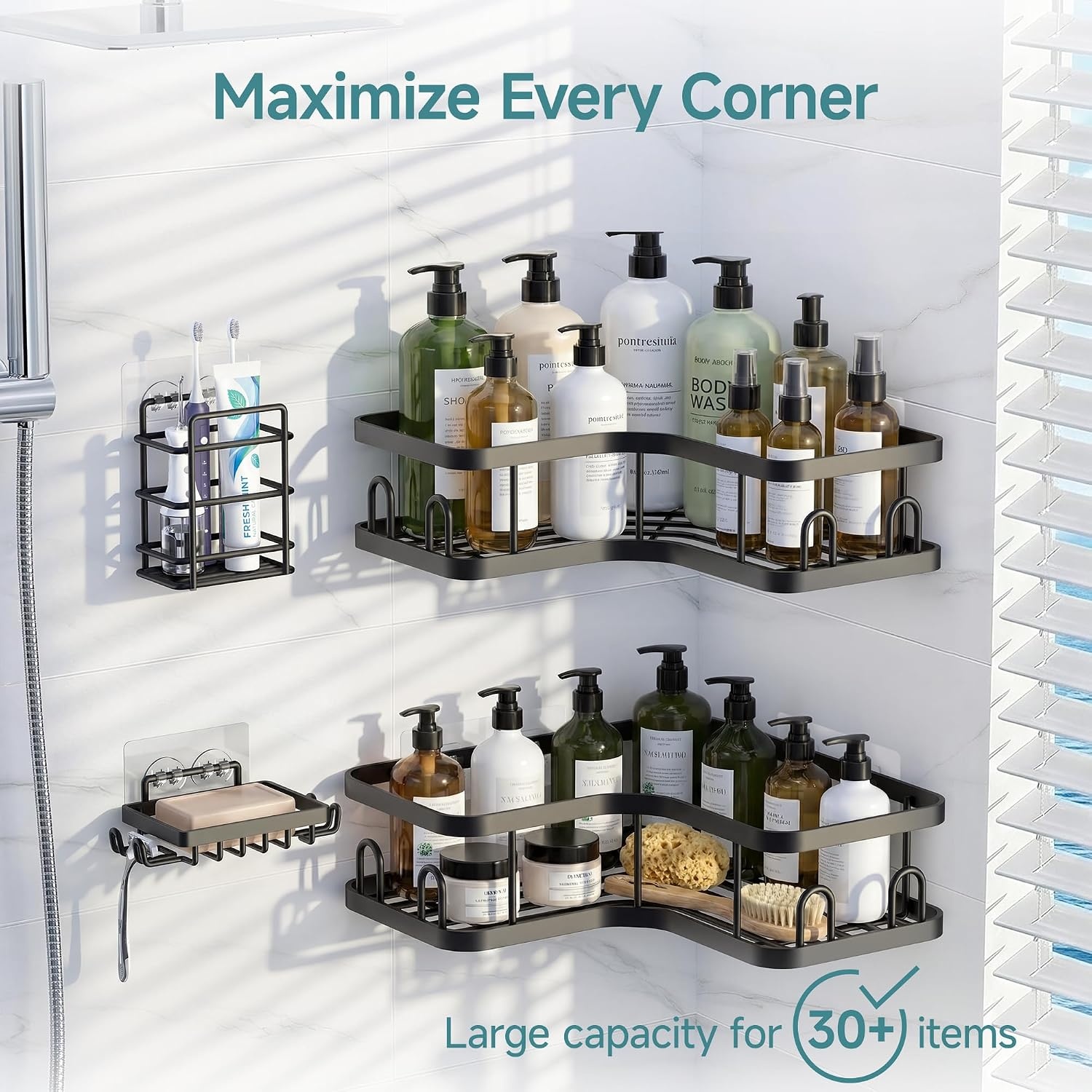 image:imageVeken Shower Caddy 5Pack Bathroom Organizers and Storage Shelves BlackBlack