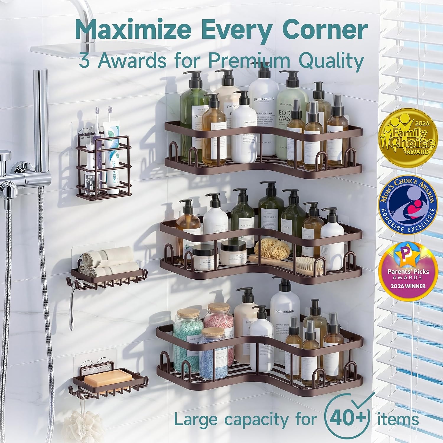 image:imageVeken Shower Caddy 5Pack Bathroom Organizers and Storage Shelves BlackBrown