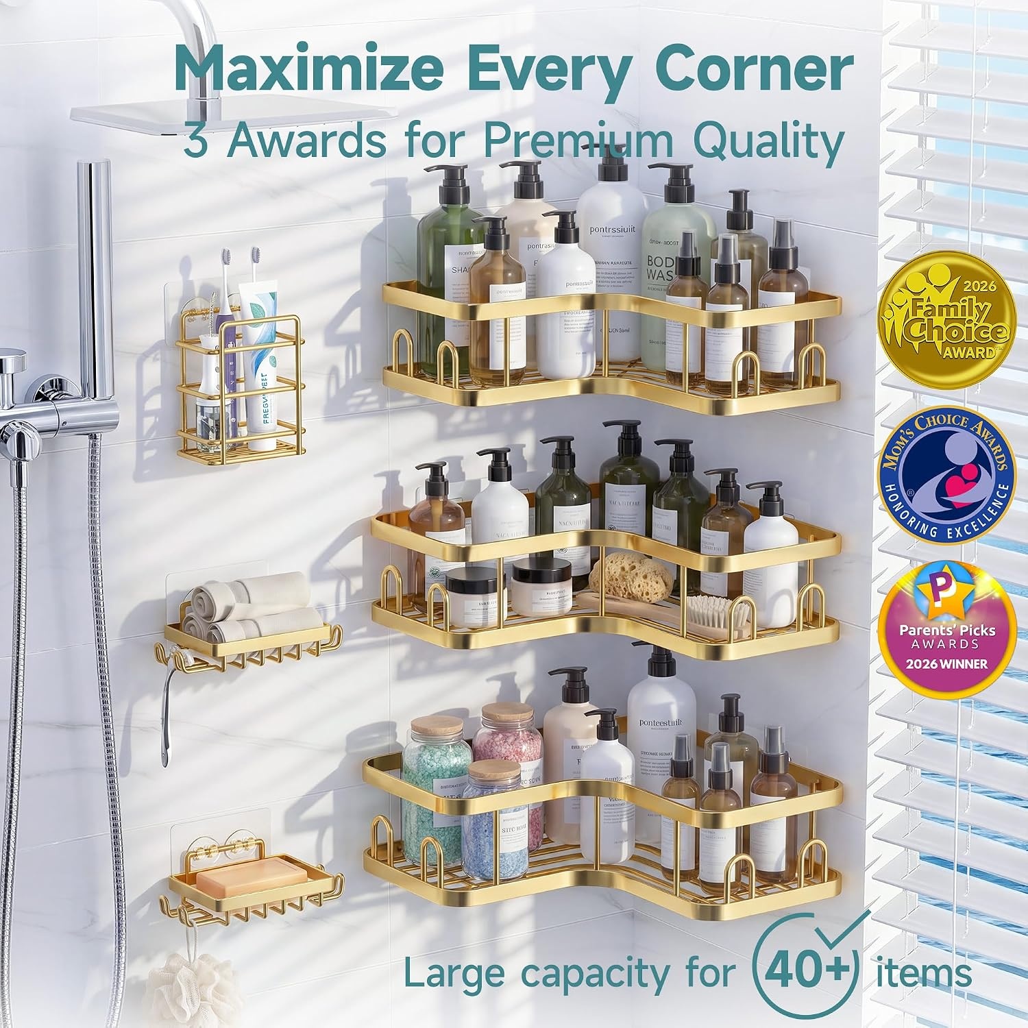 image:imageVeken Shower Caddy 5Pack Bathroom Organizers and Storage Shelves BlackGold