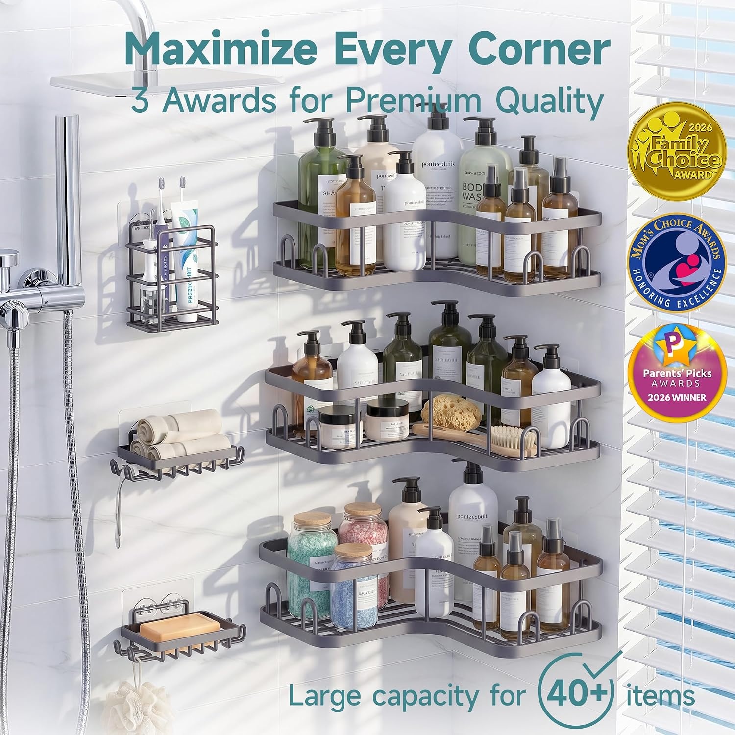 image:imageVeken Shower Caddy 5Pack Bathroom Organizers and Storage Shelves BlackGrey