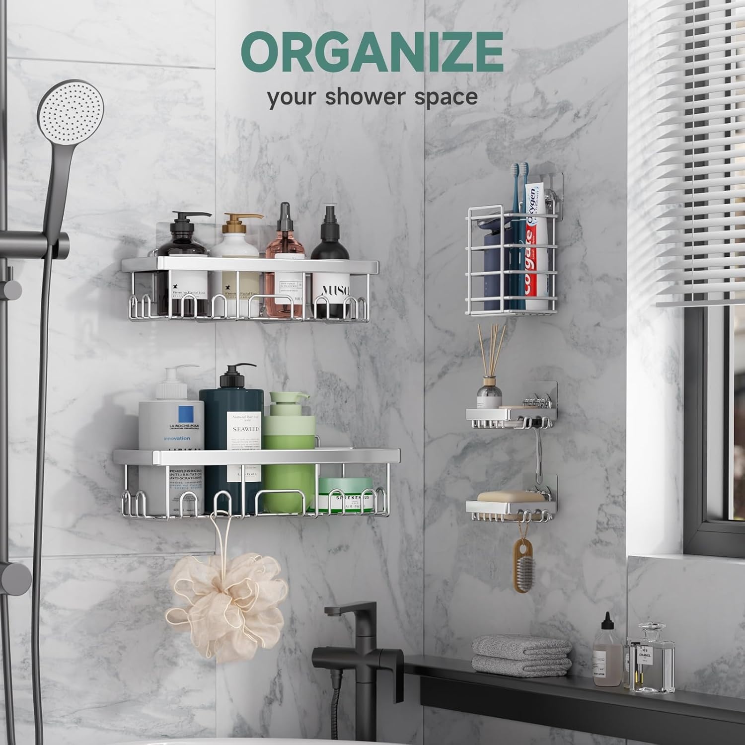 image:imageVeken Shower Caddy 5Pack Bathroom Organizers and Storage Shelves BlackSilver