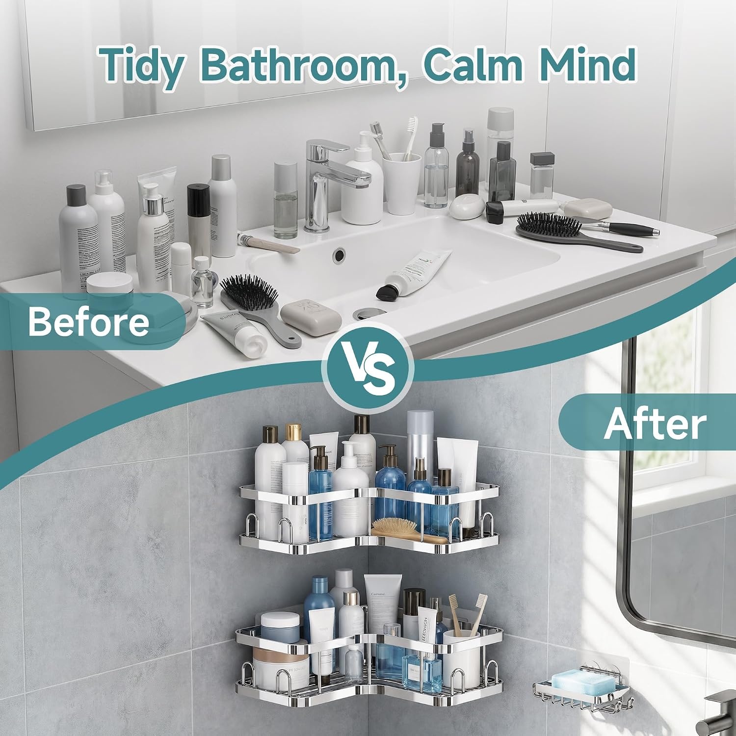 image:imageVeken Shower Caddy 5Pack Bathroom Organizers and Storage Shelves BlackSilver