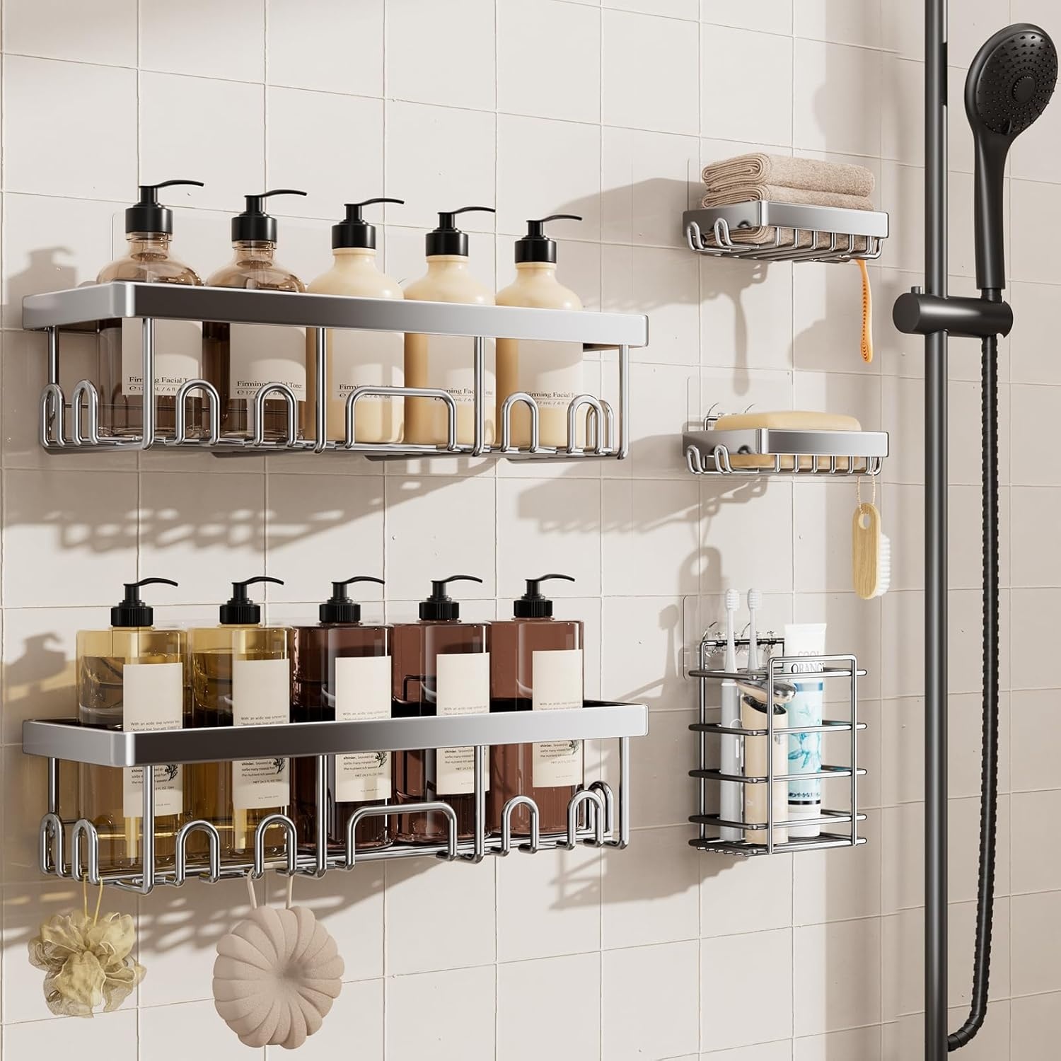 image:imageVeken Shower Caddy 5Pack Bathroom Organizers and Storage Shelves BlackSilver