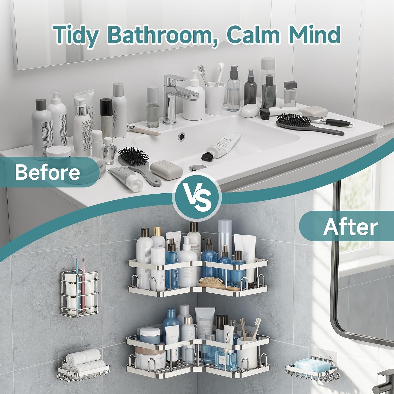 image:imageVeken Shower Caddy 5Pack Bathroom Organizers and Storage Shelves BlackSilver