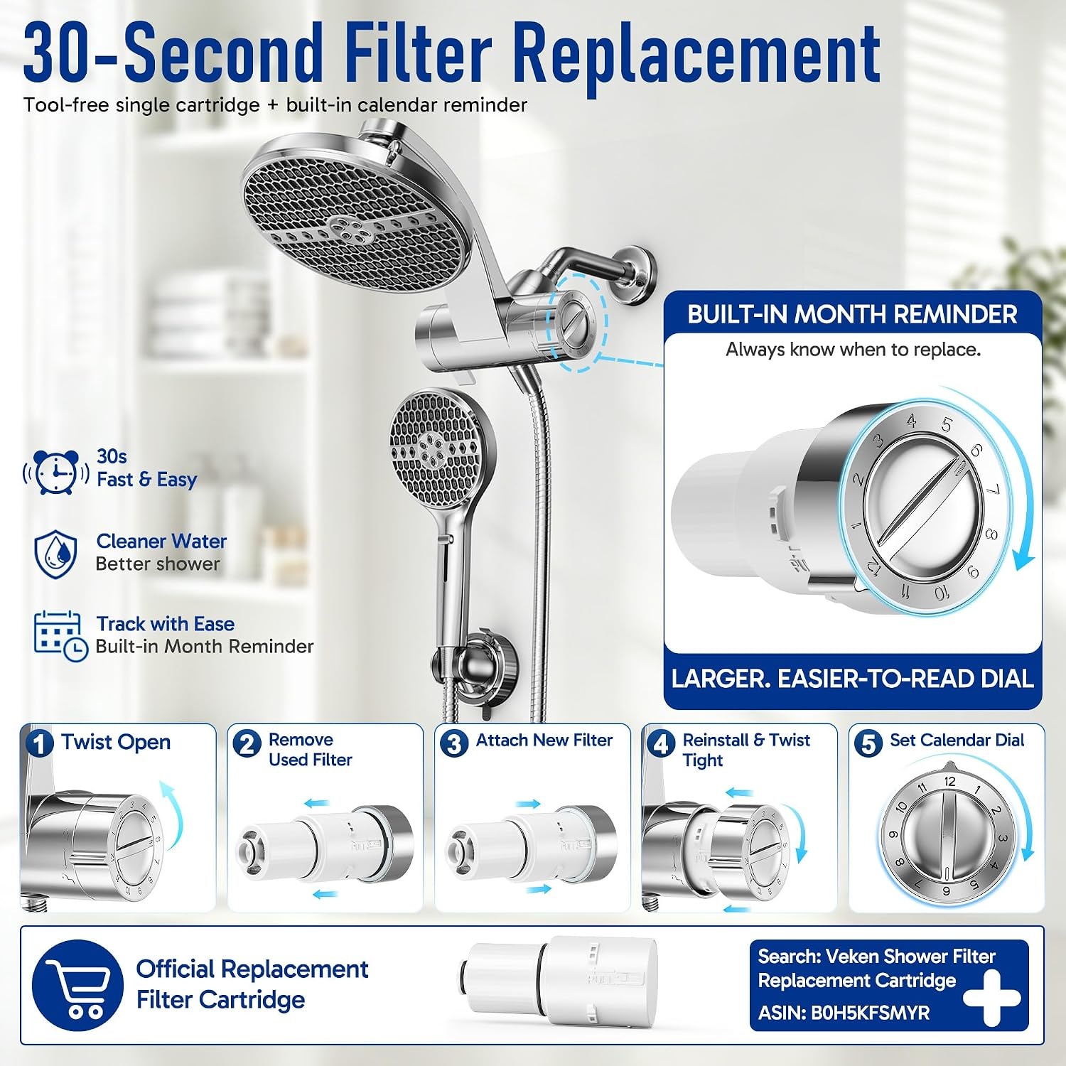 image:imageVeken Filtered Shower Head with Handheld Chorme 1 Extra Replacement Filter Cartridge
