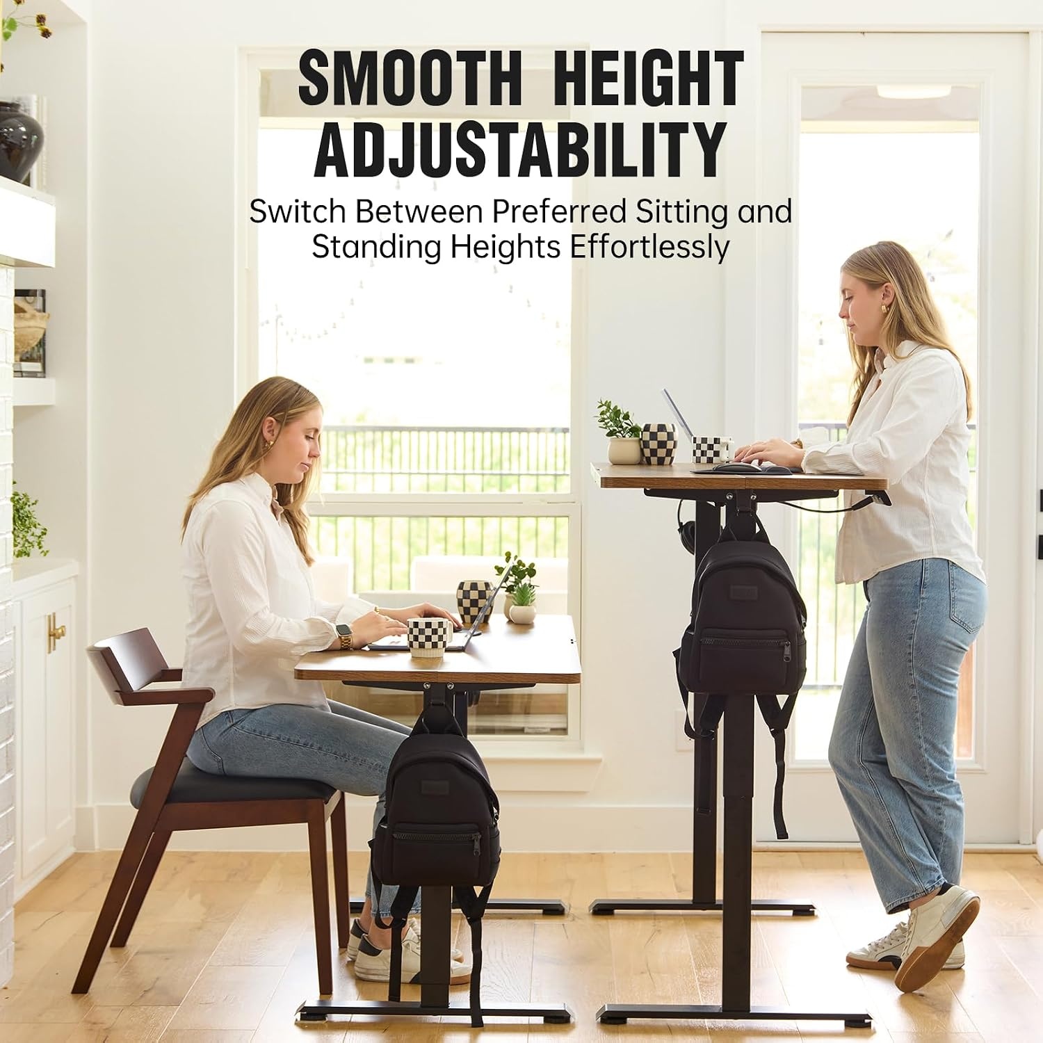 image:imageVeken 63 Inch Electric Standing Desk Height Adjustable Sit Stand Up Wood Desktop Work Home Office Computer PC Table Tall Standup Workstation Gaming Writing Study Bedroom Rising Desks Brown