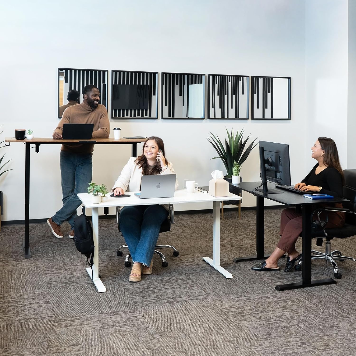 image:imageVeken 63 Inch Electric Standing Desk Height Adjustable Sit Stand Up Wood Desktop Work Home Office Computer PC Table Tall Standup Workstation Gaming Writing Study Bedroom Rising Desks Brown