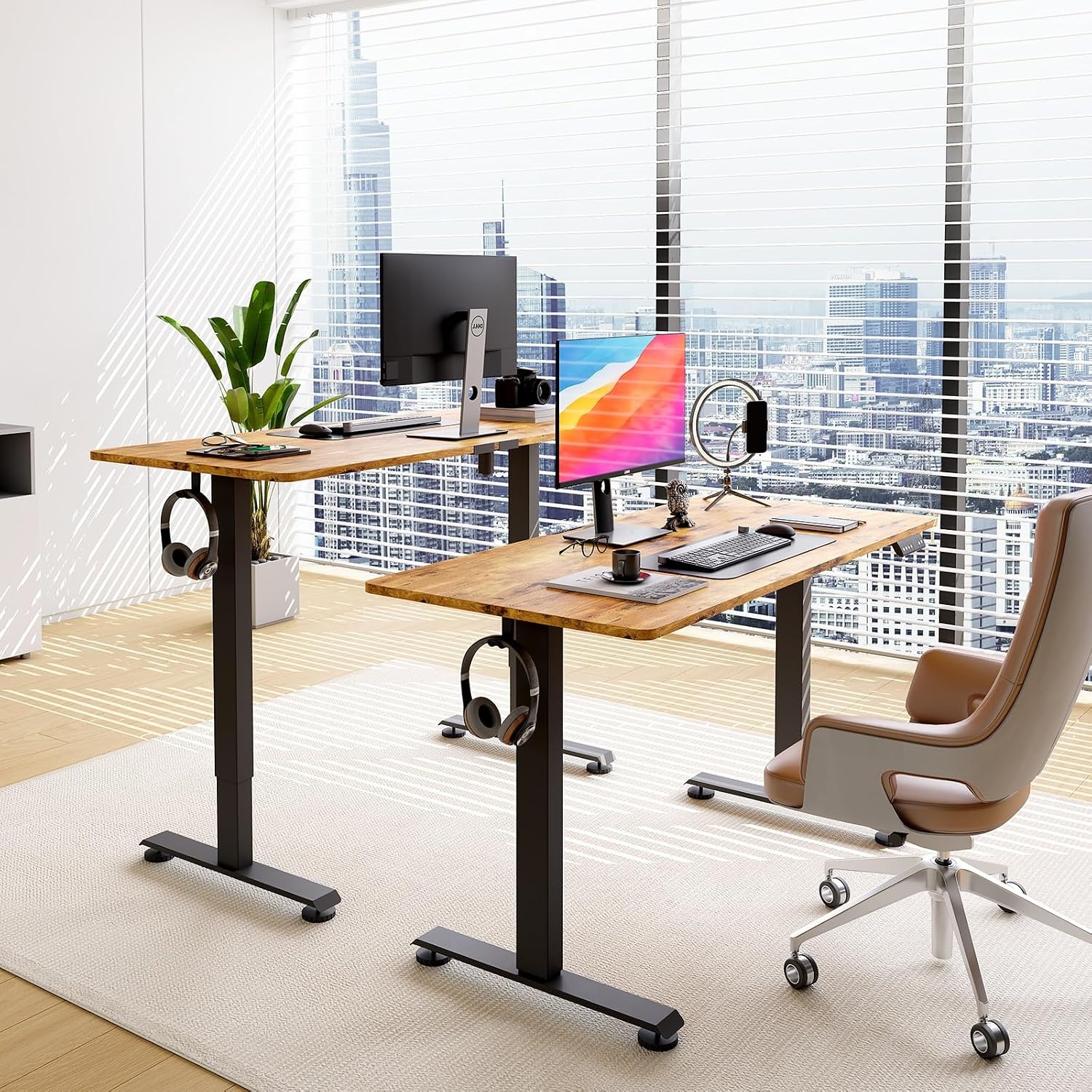 image:imageVeken 63 Inch Electric Standing Desk Height Adjustable Sit Stand Up Wood Desktop Work Home Office Computer PC Table Tall Standup Workstation Gaming Writing Study Bedroom Rising Desks Brown