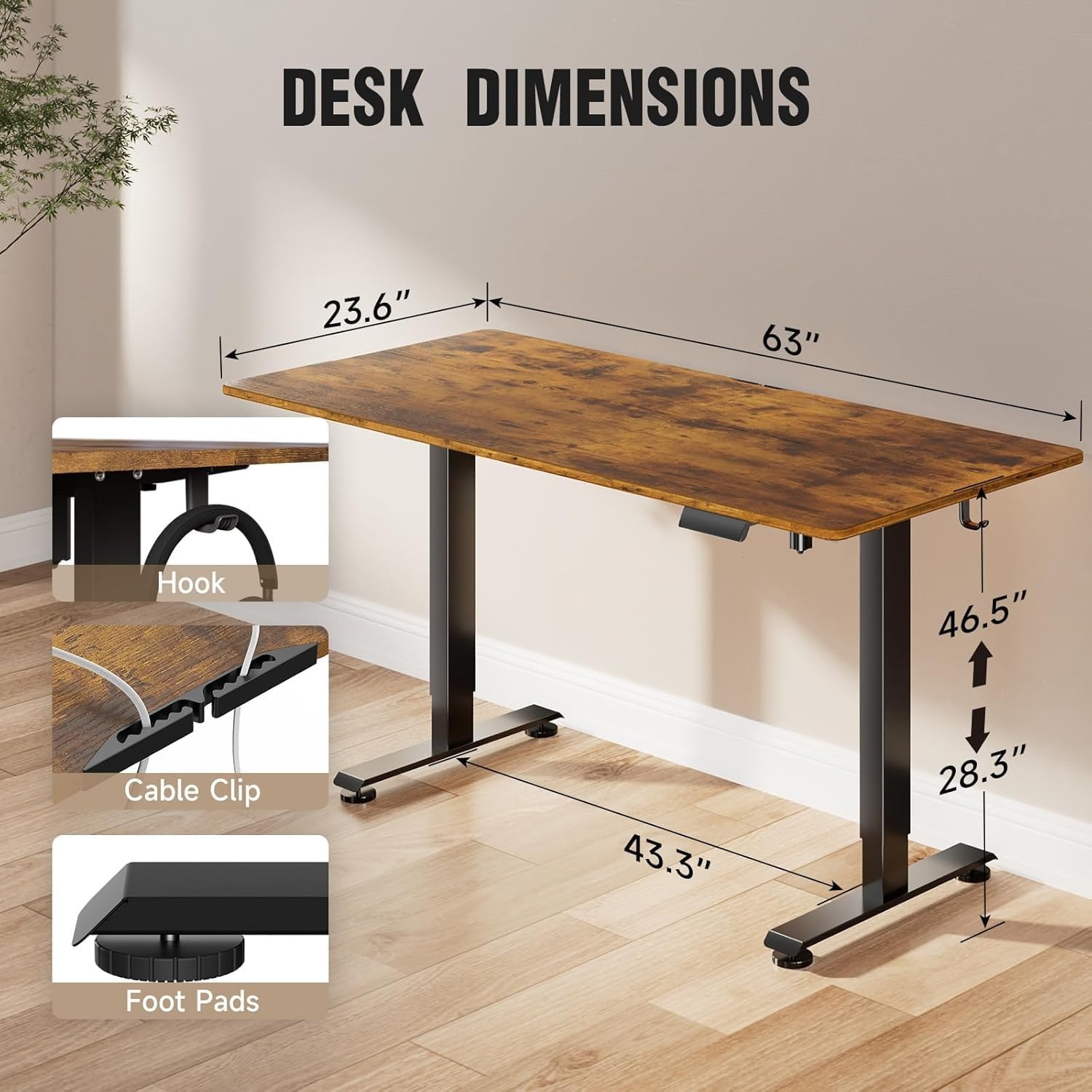 image:imageVeken 63 Inch Electric Standing Desk Height Adjustable Sit Stand Up Wood Desktop Work Home Office Computer PC Table Tall Standup Workstation Gaming Writing Study Bedroom Rising Desks Brown