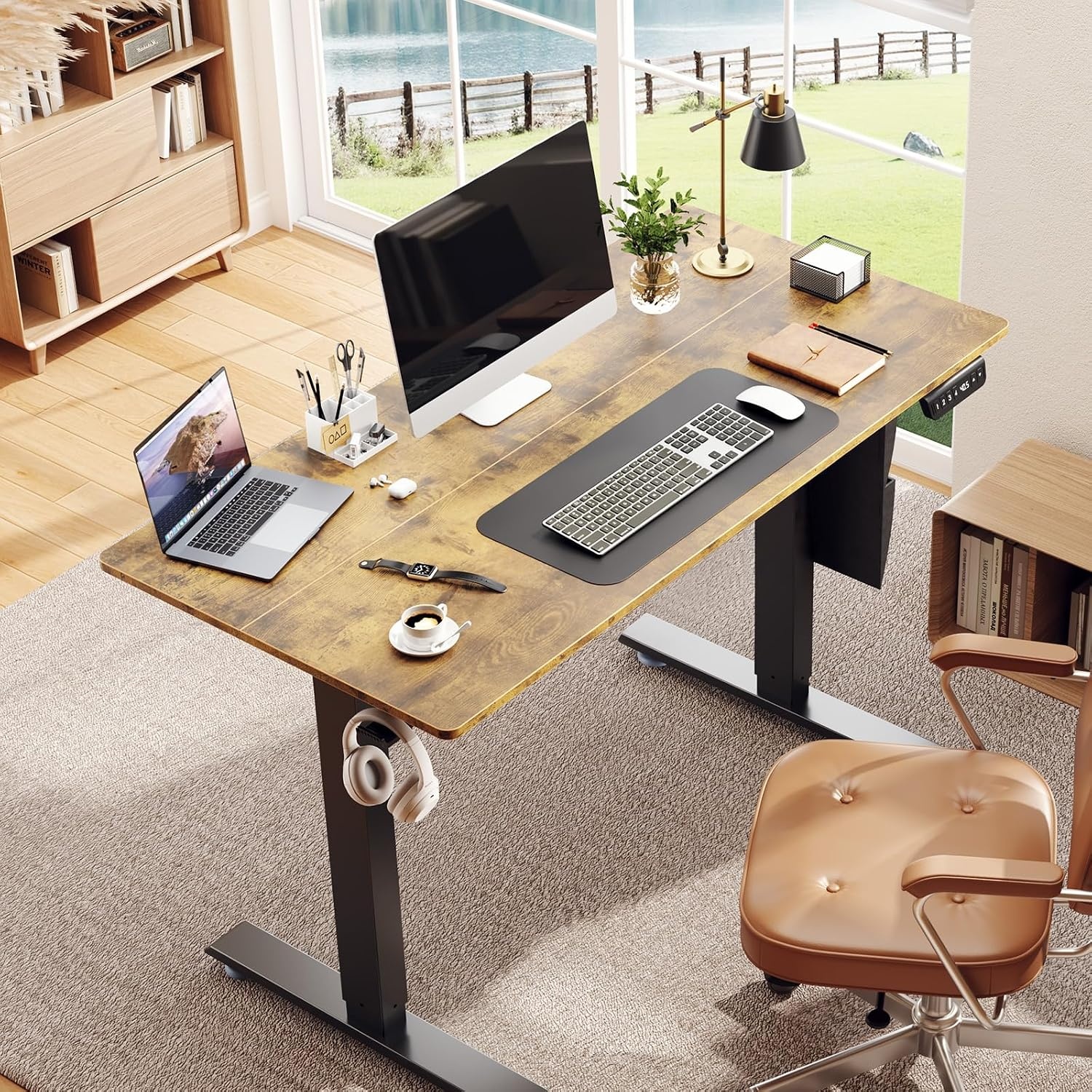 image:imageVeken Standing Desk with Side Storage Pocket Electric Height Adjustable Sit Stand Table Ergonomic Office Computer Desks for Workstation Home Study Writing Gaming 472 InchBrown