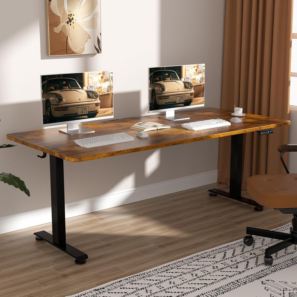 image:imageVeken 63 Inch Electric Standing Desk Height Adjustable Sit Stand Up Wood Desktop Work Home Office Computer PC Table Tall Standup Workstation Gaming Writing Study Bedroom Rising Desks Brown