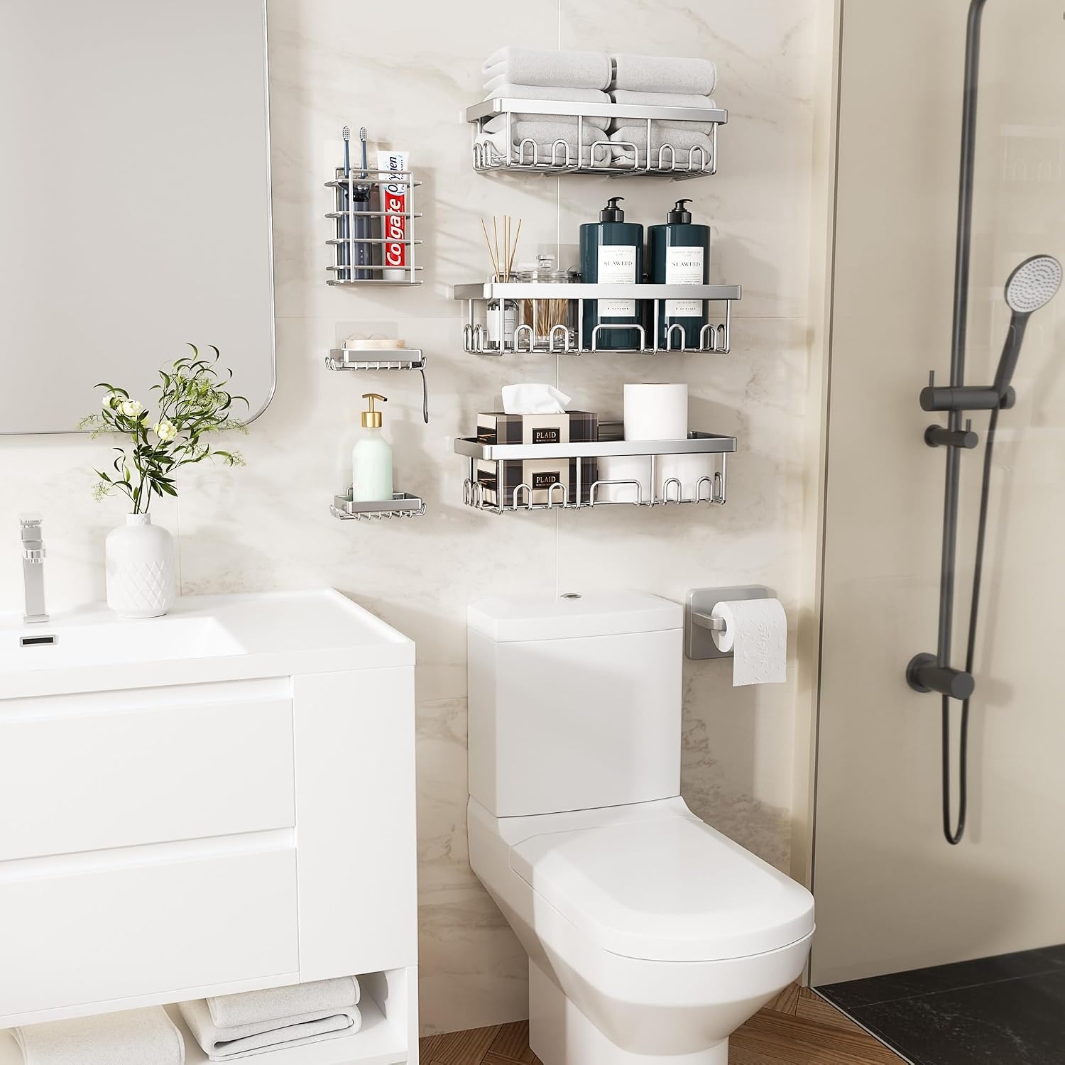 image:imageVeken Shower Caddy 6Pack Bathroom Organizers and Storage Shelves Sliver