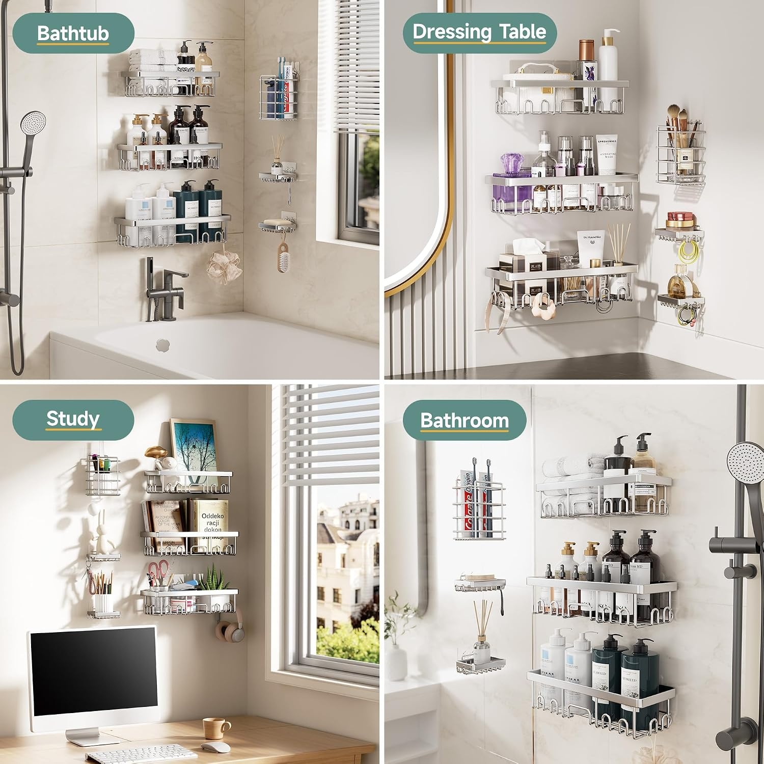 image:imageVeken Shower Caddy 6Pack Bathroom Organizers and Storage Shelves Sliver